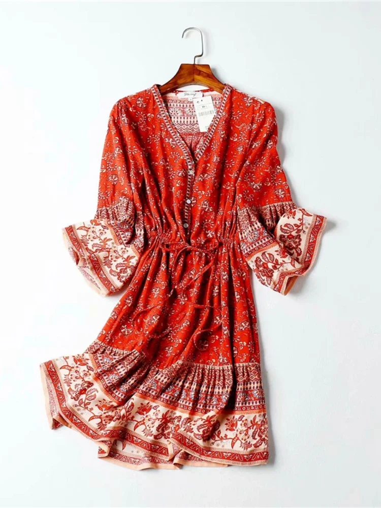 Vintage Women's Floral Print V-Neck Bohemian Mini Dress with Flare Sleeves