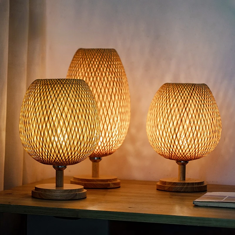 puramente En cantidad frecuencia Lámparas de Mesa de bambú Vintage, lámpara de escritorio de madera hecha a  mano de estilo chino para sala de estar, dormitorio, decoración creativa  E27 al lado de la lámpara _ -
