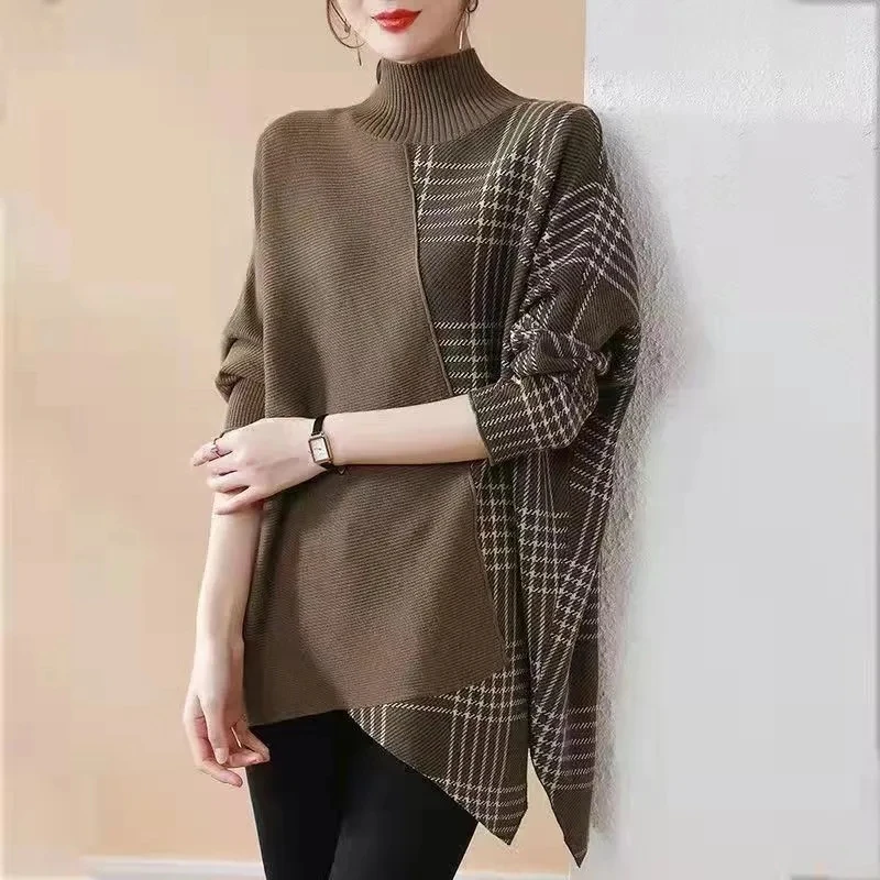

Women Chic Turtleneck Sweater Mid-Length Irregular Patchwork Plaid Knitted Tops Long Sleeve Pullover Female Bat Sweater Jumper