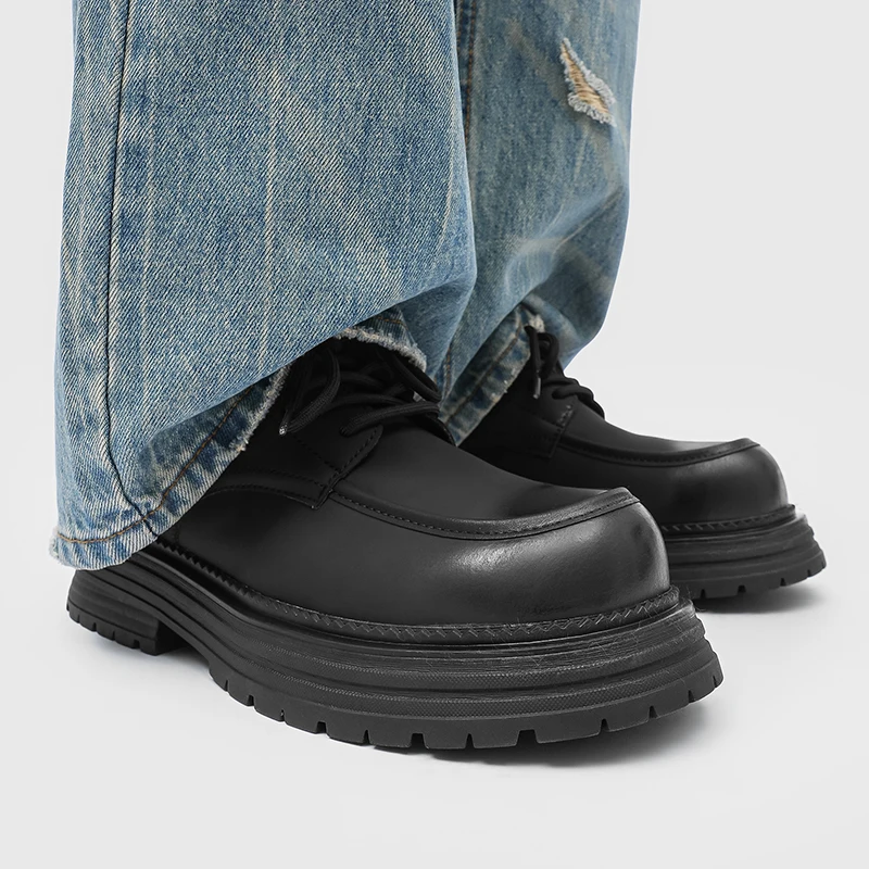 Men's Thick Soled Lace Up Leather Minimalist Designer Style Work And Party Outdoor Trendy Streets Young People's Shoes_voghion.com