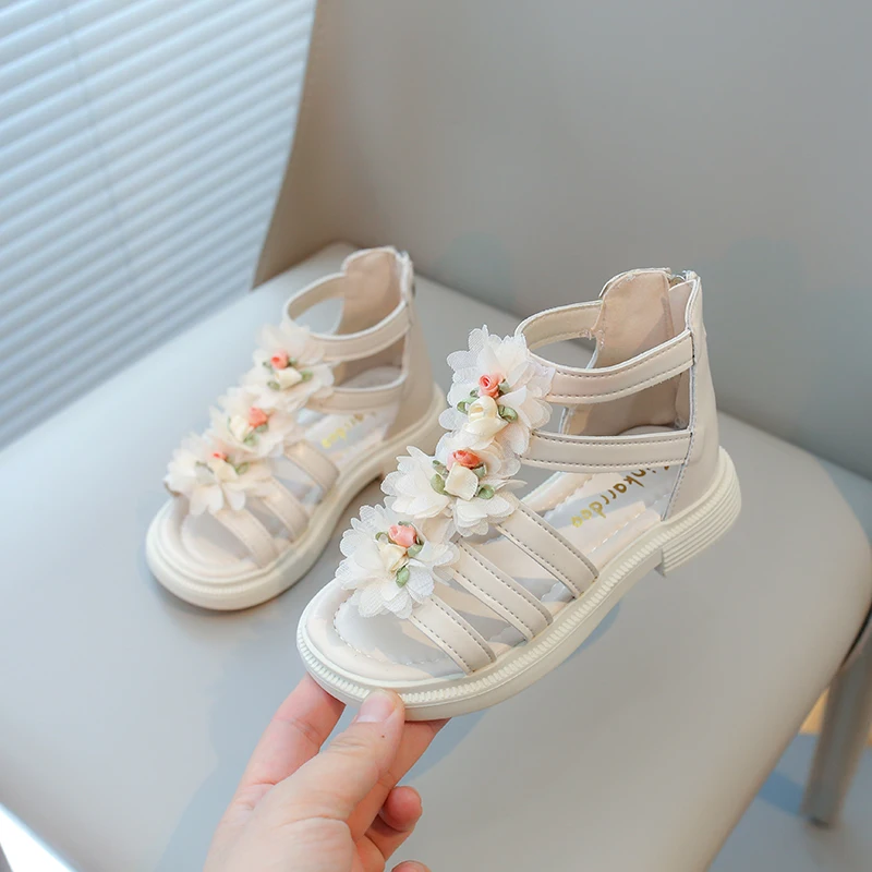 

Girls Summer Sandals Gladiator High-top Lace Flowers Princess Sweet Kids Beach Shoes Bohemian Style 2024 Summer New Open Toes