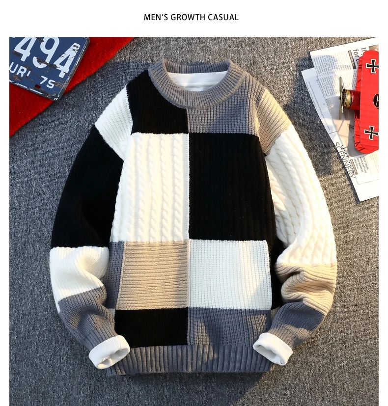 Men's Knit Sweater - Autumn Winter Plaid Patchwork Pullover | Thick Round Neck Casual