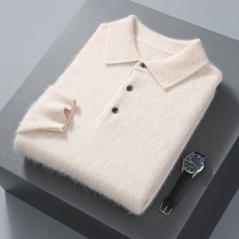 Men's Mink Cashmere Knitted Basic Sweater Polo Neck Casual Loose Large Size Long Sleeve 23 Winter Korean Version