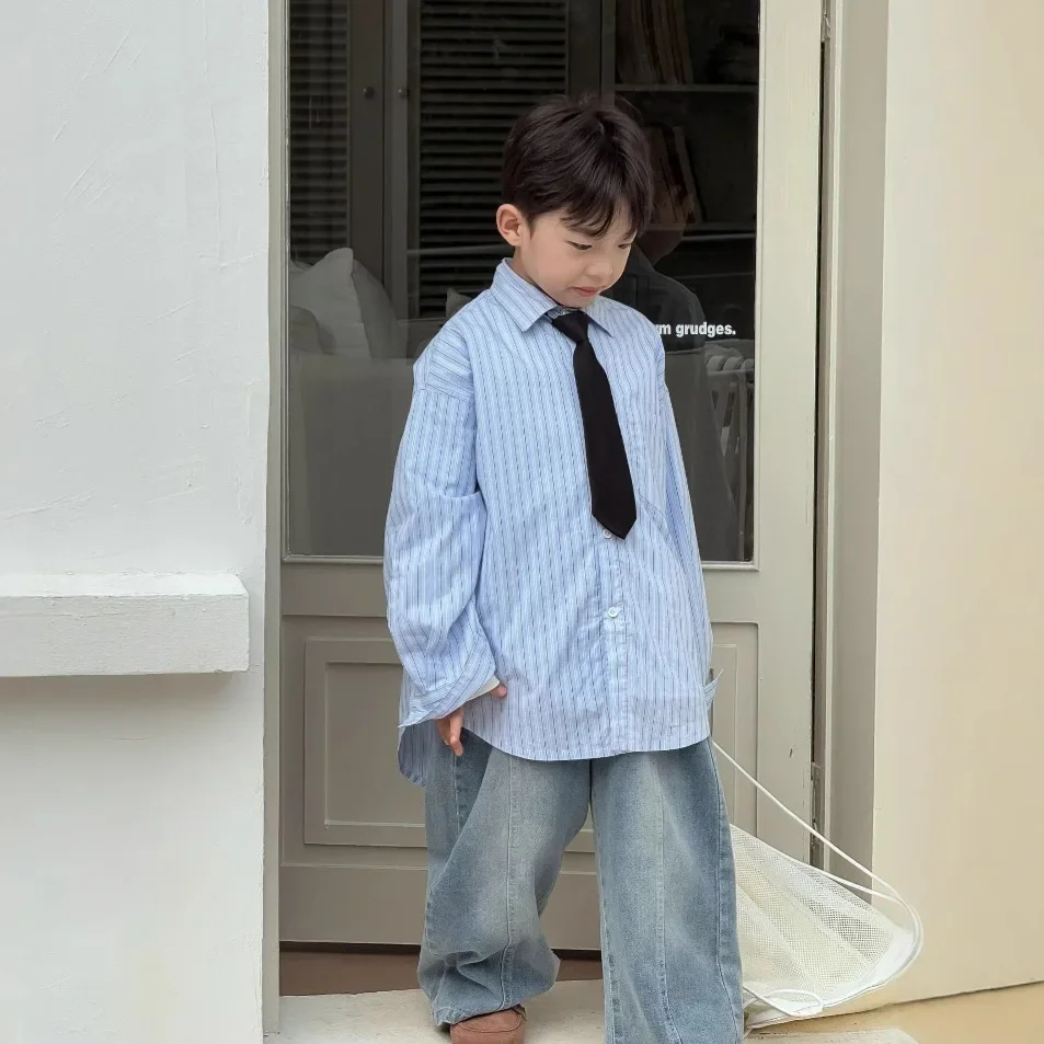 Blue Washed Cotton Shirt for Boys Spring Hot Sale Of The Season Korean Vertical Stripes School Style Tie Children's Clothing Top
