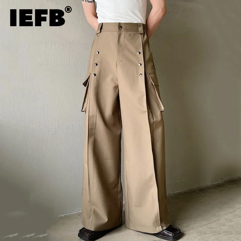 Wide Leg Pants Men Casual Korean Style High Waist Metal Piece Pocket Decoration