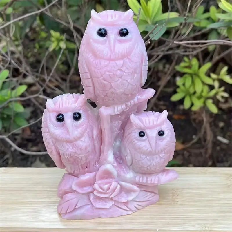 15CM Natural Pink Opal Tree Owl Carving Healing Crystal Animals Statue Reiki Crafts Home Room Decoration 1pcs 5