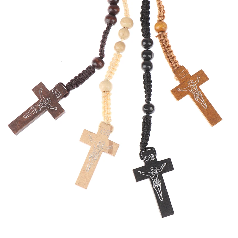 1Pc Christ Jesus Wooden Beads Rosary Bead Cross Pendant Catholic Cross Necklace Souvenirs Gifts catholic rosary necklace wood cross religious ritual accessories