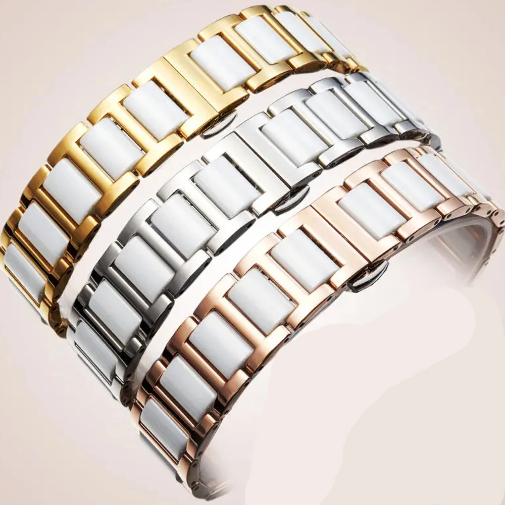 

Ремешок керамический для женских часов, водонепроницаемый стальной браслет с пряжкой-бабочкой, ремешок с аксессуаром, 16 мм 18 мм 20 мм