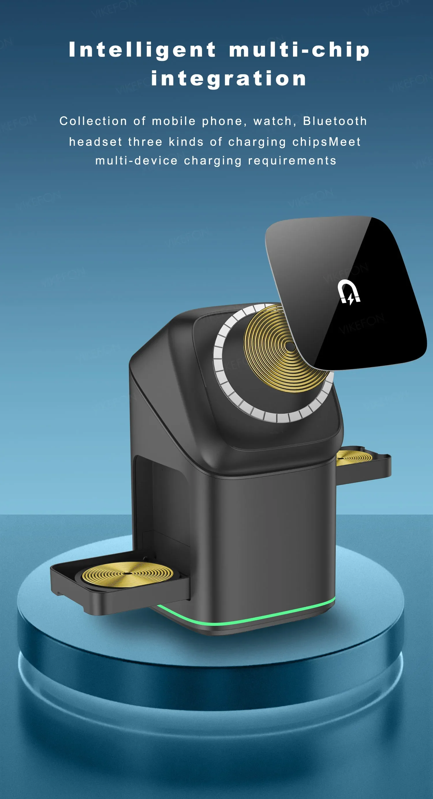 3-in-1 Electric Rotation Magnetic Wireless Charger With LED Breathing Light For Mag Safe IPhone 16 15 14 13 12 IPhone Watch Pro_voghion.com