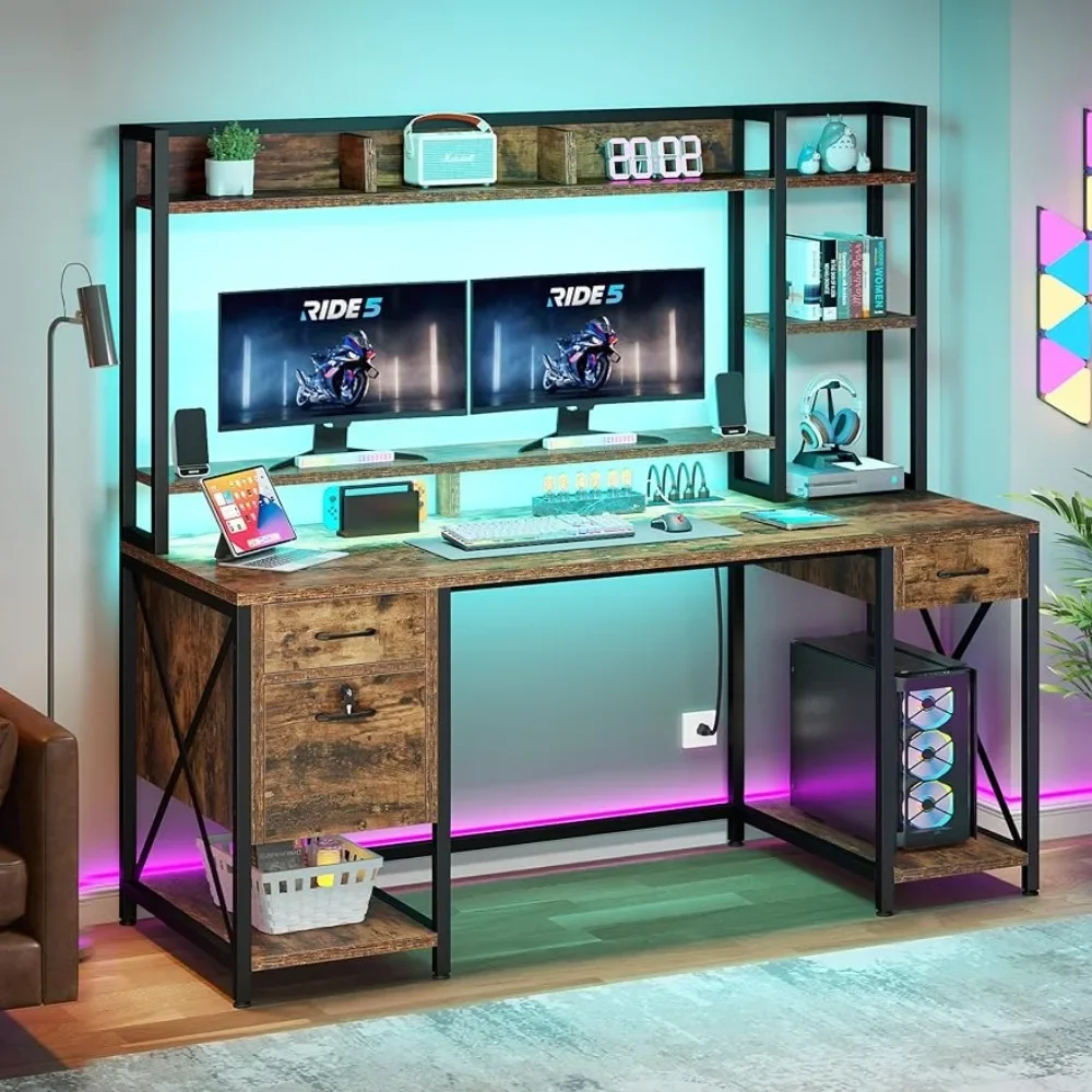 

Computer desk with drawers and cabin, 59.1" desk with LED lights and power outlets, gaming desk with monitor stand
