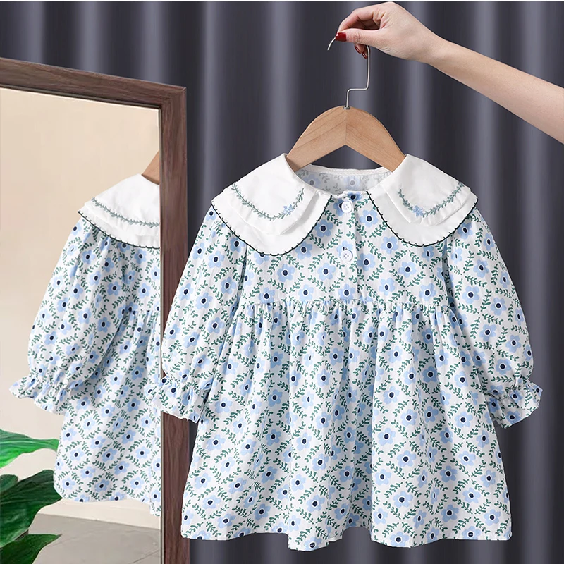 

Korea Spring Autumn Blue Lapel Floral Long Sleeves Princess Elegant Ladies Dress One Piece Women Clothing For Girls 2 To 7 Years