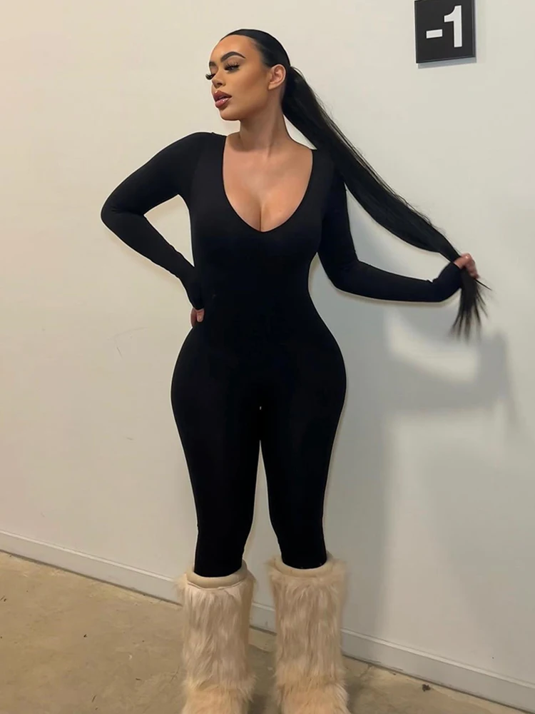 Mono negro de mujer de primavera, de manga larga, con cuello en V, ajustado, de una pieza, elástico, para fitness, mono sexy