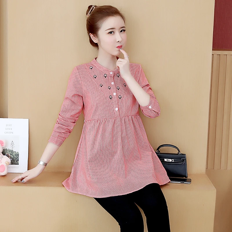 Maternity Tops Women Spring Embroidery Striped Ties Waist Long Sleeve Blouses Shirts for Pregnant Women