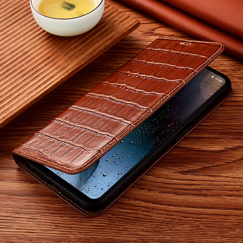 Bamboo Knot Pattern Genuine Leather Flip Phone Case in Cowhide