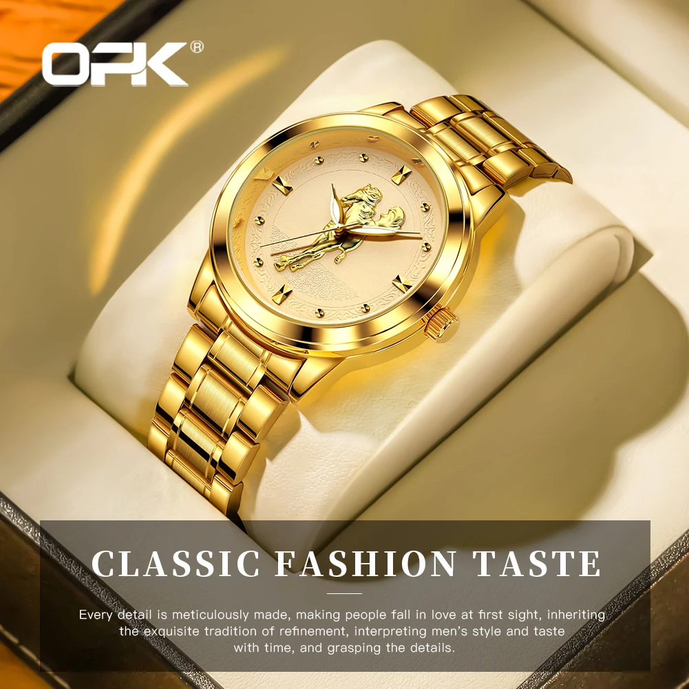 

OPK Original Men's Quartz Watch Fashion Advanced Retro Elements Golden Horse Relief Waterproof Dial Design Luxury Men's Watch