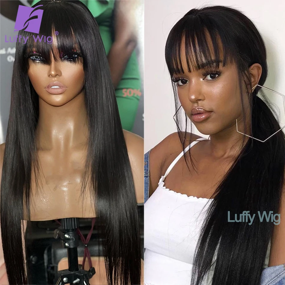 Straight Bang Wig Human Hair Brazilian Remy O Scalp Top Human Hair Wigs With Bangs 200 Density Glueless For Black Women Luffy