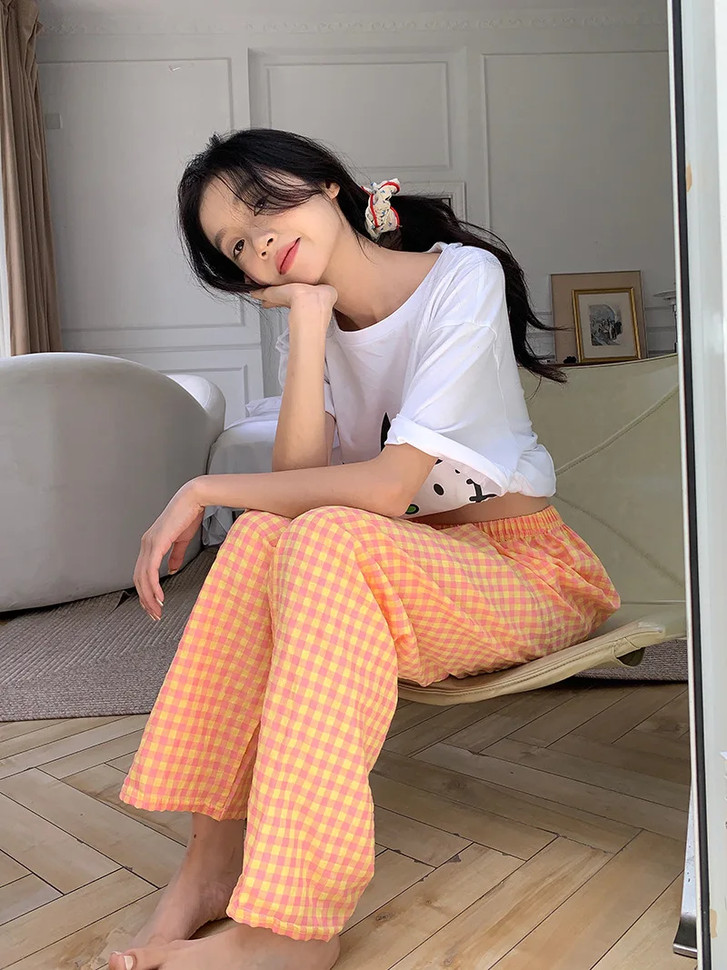Neue Sommer Lose Plaid Hosen Hosen Hosen Dünne Ins Koreanische Version von Hause Hosen Casual Pyjama Hosen Breitbeinigen Hosen – Detail 13