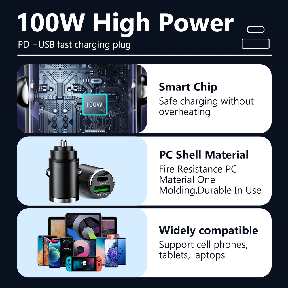 Olaf شاحن سيارة الهاتف محول ، صغيرة 100 واط PD QC ، سحب حلقة ، شحن سريع ، USB C ، آيفون 13 ، 12 ، شاومي ، سامسونج ، هواوي