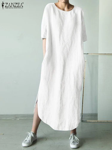 2022 ZANZEA 여성 오 넥 짧은 소매 Sundress 여름 솔리드 코튼 린넨 드레스 스플릿 롱 Vestido 여성 로브 캐주얼 파티 드레스 3