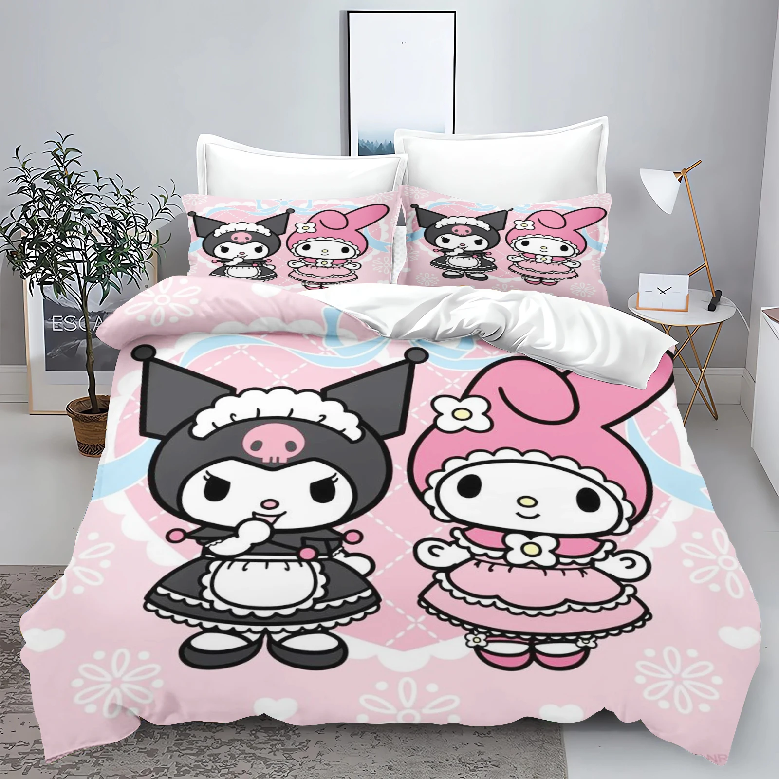 Sanrio Series Kurome 100% Polyester Printed Bedding Set Duvet Cover Queen Cotton Cute Printed Cartoon Quilt Cover With Pillowcas