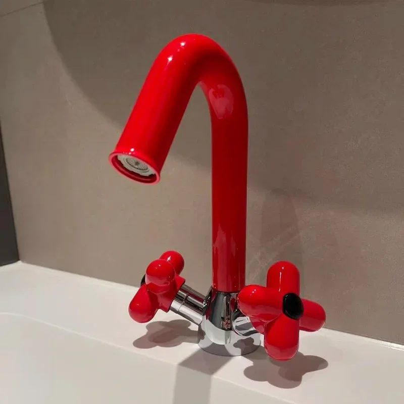 Red Bathroom Basin Cross Handle Fashion Lovely White Faucet Sink Hot & Cold Faucet Water Tap