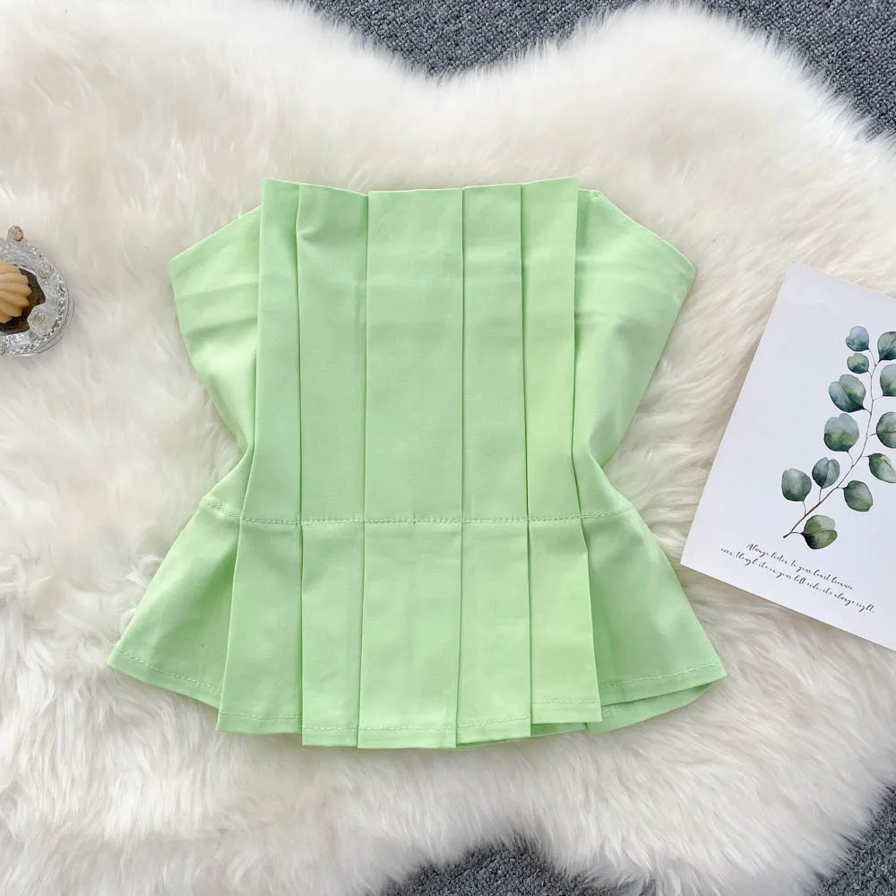 2022 Summer Sweet Candy Colors Tube Crop Tops Women Pleated Strapless Camisole Top Fasion Elegant Tanks For Female green cami Tanks & Camis