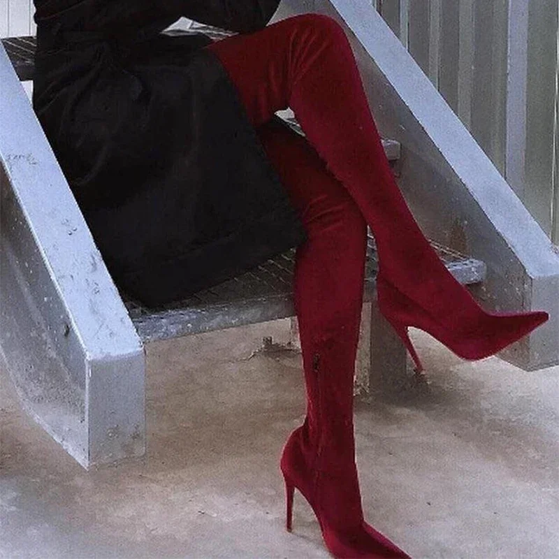 

Women's 43 Large Size Pointed Toe Sexy Boots Winter Fashion Suede High Heel Solid Color Ladies Shoes Over The Knee High Boots