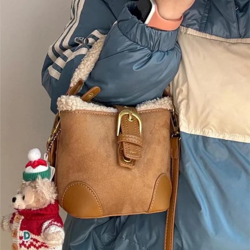 JIAERDI Cute Lambswool Mini Bucket Bag Women Maroon Retro Suede Handbag  Ladies Patchwork Casual Leather Strap Crossbody Bag New