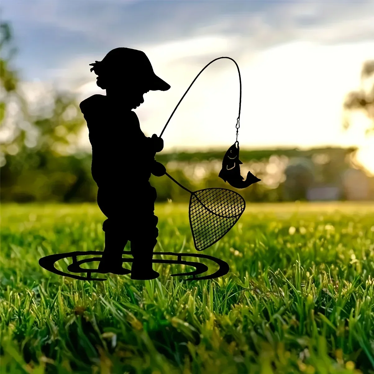 

Металлические силуэты железного мальчика, рыбалка, игра, винтажный металлический садовый декор, силуэт на колышке, скульптура двора, сада, металлический колышек в деревенском стиле