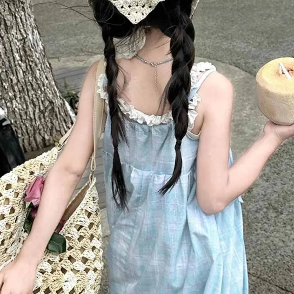 Fashion Loose Girls Princess Grid Dress Teenagers Beach Vacation Summer Kids Dresses Sweet Party Children Sling Dress Summer
