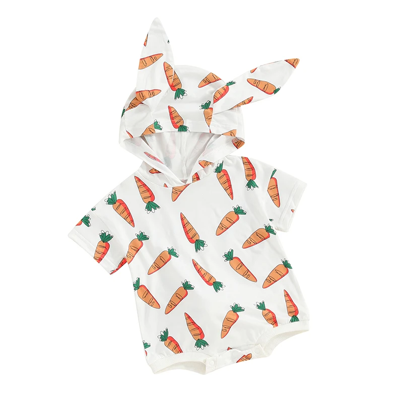 

Infant Baby Boy Girl Easter Romper Carrot Print Rabbit Ears Hooded Jumpsuit Short Sleeve Sweatshirt Bunny T-Shirt Bodysuit