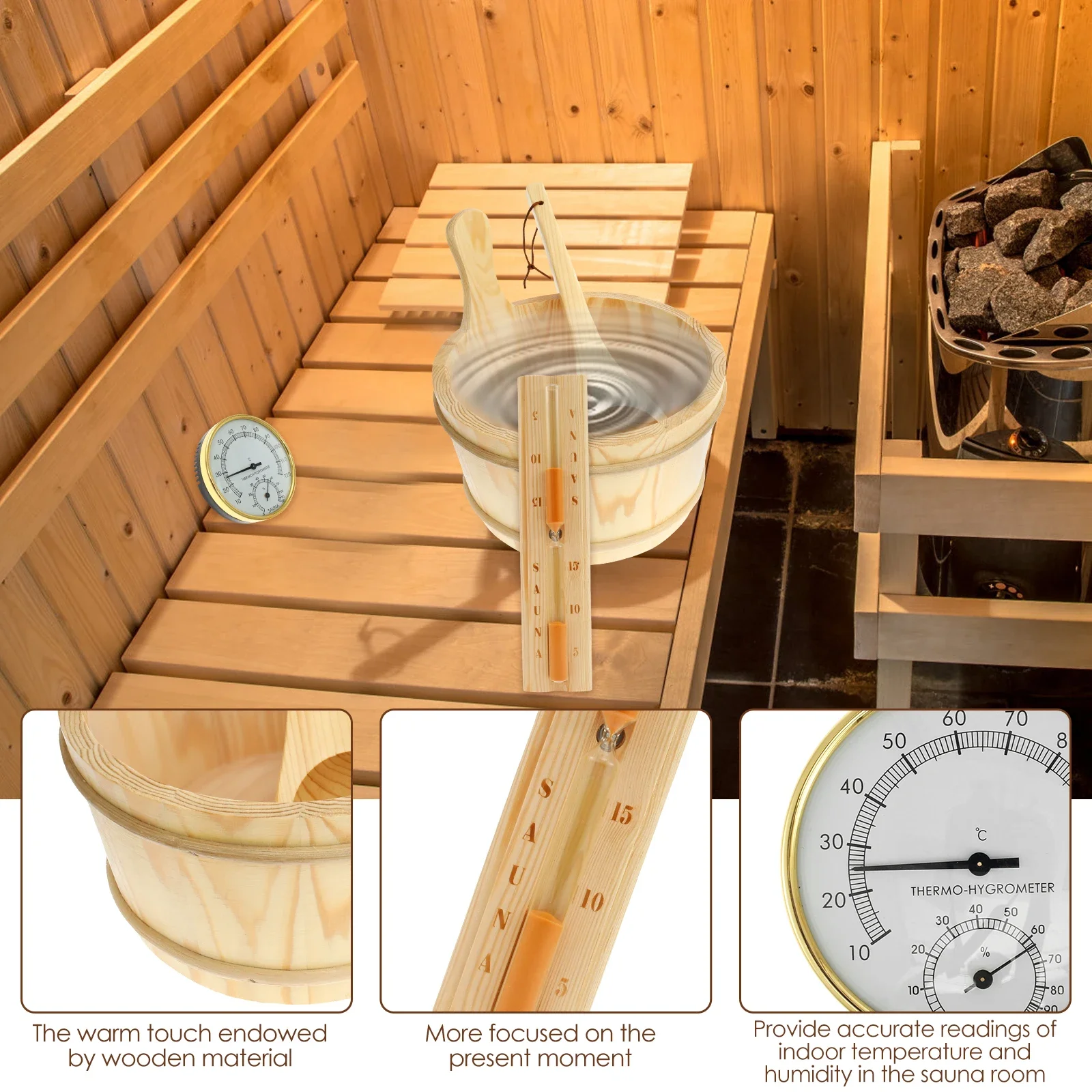 4Pcs Set Sauna Accessories Wood Sauna Bucket Spoon with Handle Design 2 in 1 Thermometer&Hygrometer Hourglass Timer