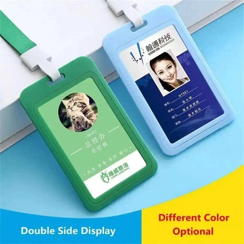 Double Sided Plastic Vertical And Horizontal Id Badge Card Holder Id Pass Holder Name Badge with Neck Lanyard Strap