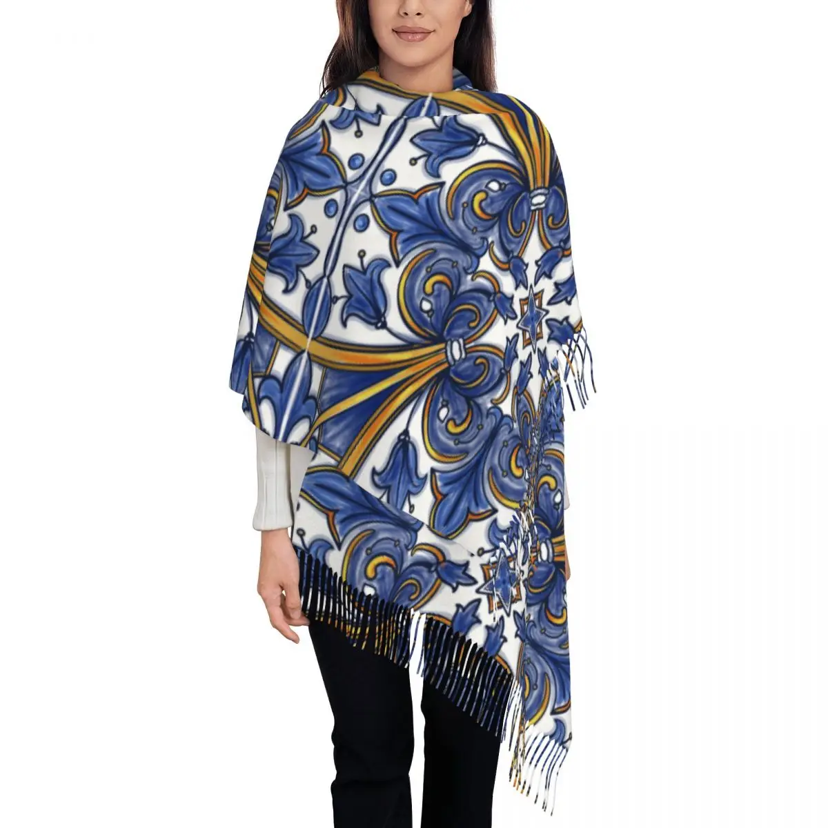 

Blue And Yellow Baroque Womens Warm Winter Infinity Scarves Set Blanket Scarf Pure Color