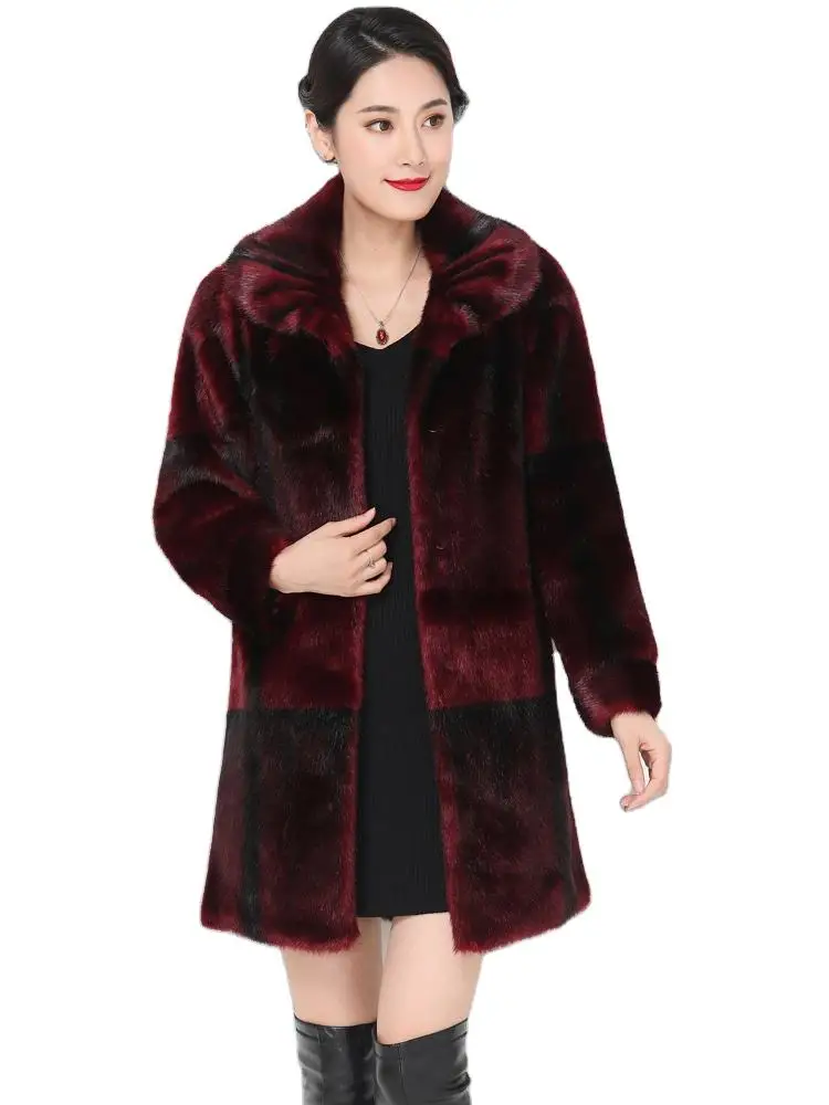 Medium Length Red Coffee Color Winter Fur Coat Women Long Sleeve Europe Trend Clothing Elegant Fluffy Sheared Mink Fur Overcoat