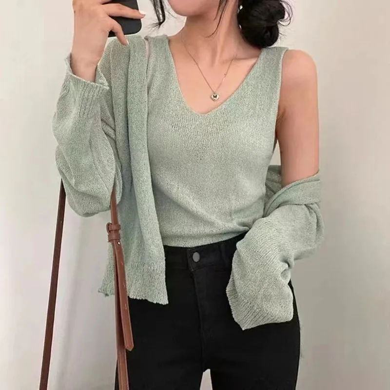 카미스 니트 루즈핏 자외선 차단 셔츠 투피스 세트, V넥 카디건, 여성 코트, 캐주얼 조끼, 한국 패션