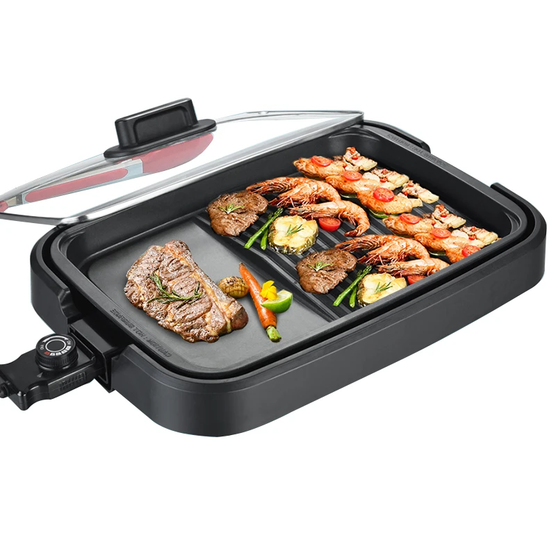 Smokeless grill ceramic coating griddle grill electric bbq grill pizza maker with Tempered Glass Lid Adjustable Temperature 2