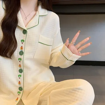 لطيف تطريز أنيق تصميم منامة مجموعة امرأة Harajuku نمط Kawaii طويلة الأكمام المرأة منامة الخريف الشتاء ملابس خاصة جديدة 5