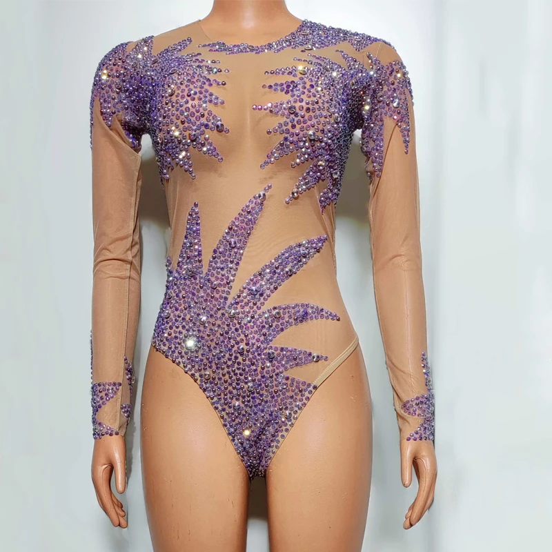

Drag Queen Outfits Sexy Purple Rhinestones Jumpsuit Pole Dance Bodysuit Women Dj Ds Party Gogo Costumes Stage Clubwear XS7780