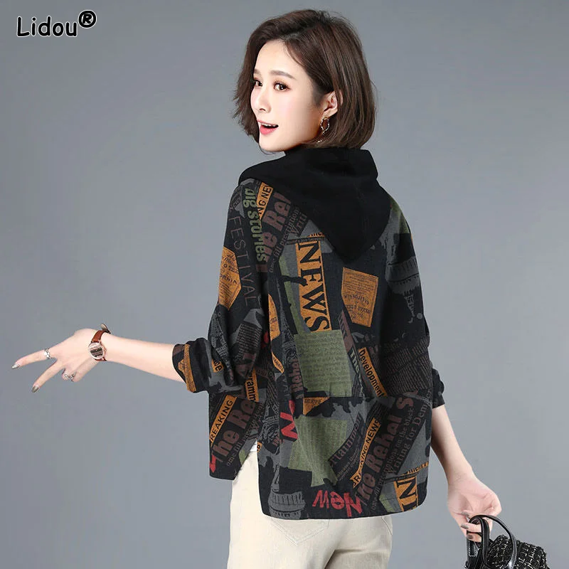 Spring Autumn Winter Thin Women's Clothing Casual Korean Loose Zipper Hooded Pockets Spliced Printing Jackets Oversized Cardigan