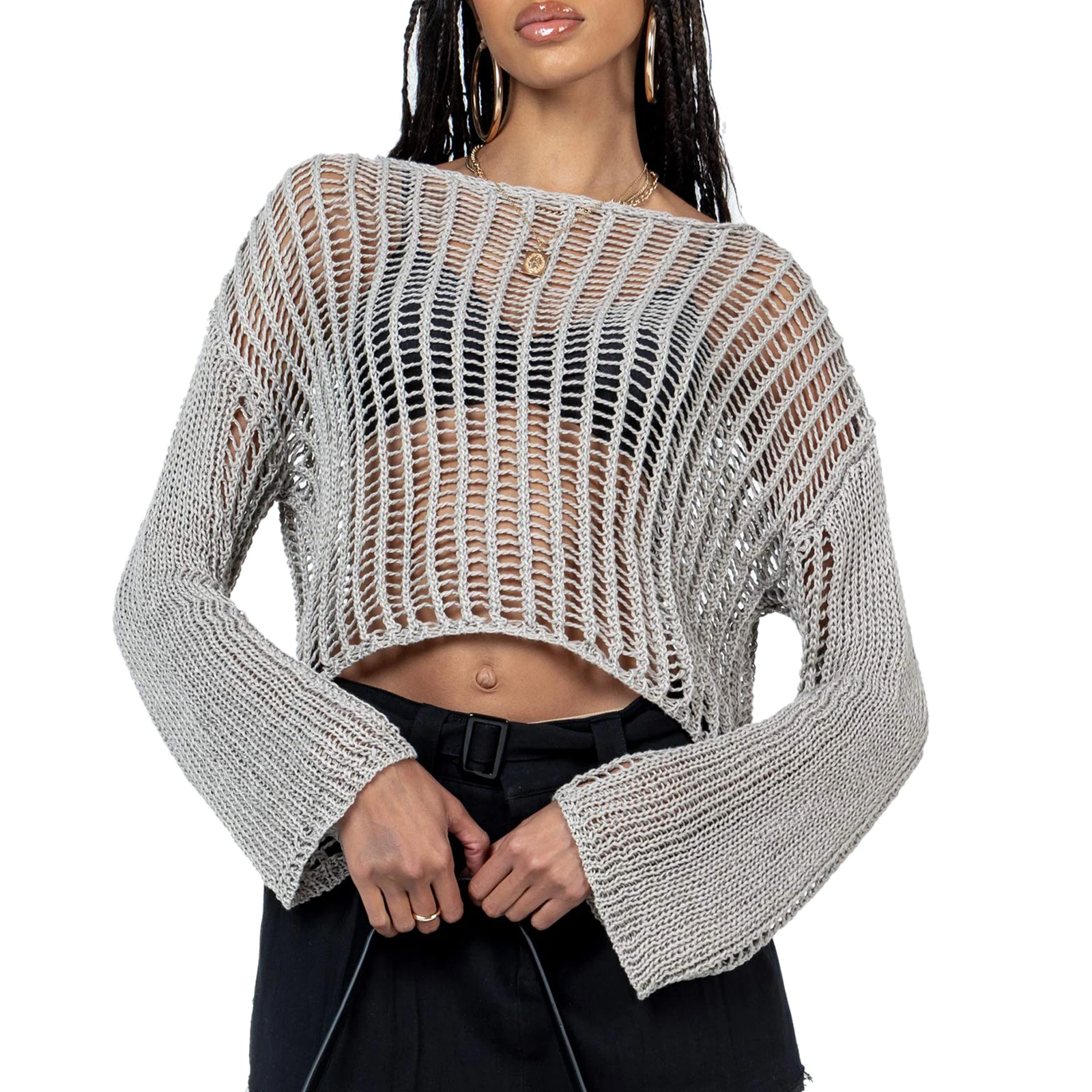 

Vintage Harajuku Women’s Hollow Out Knit Tops Fashion Long Bell Sleeve Round Neck Pullovers Loose T-Shirts Baggy Sweaters Shirts
