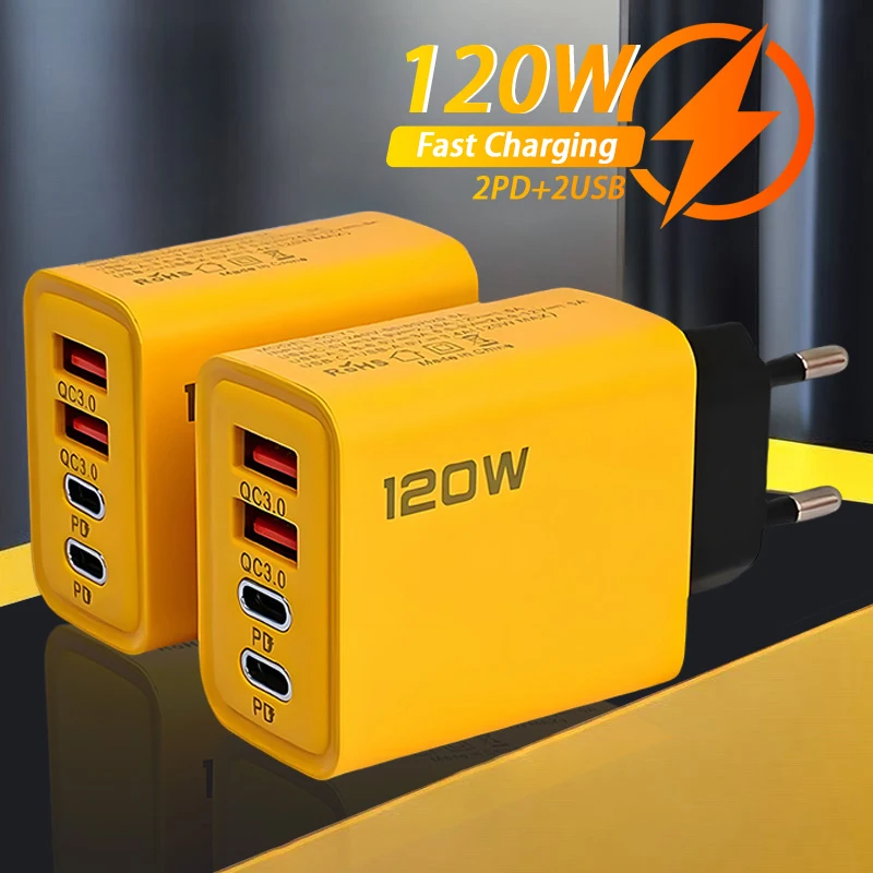 120W 2 USB+2 Type-C 4 Ports Wall Charger Fast Charging EU/US/UK Plug Power Adapter Xiaomi iPhone Samsung Huawei Phone/Tablet