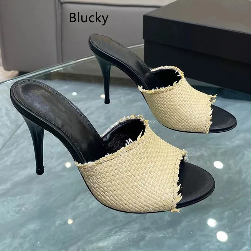 

2023 Women's Solid Color Slippers Half High Heel Slippers Solid Leather High Pointed Versatile Design