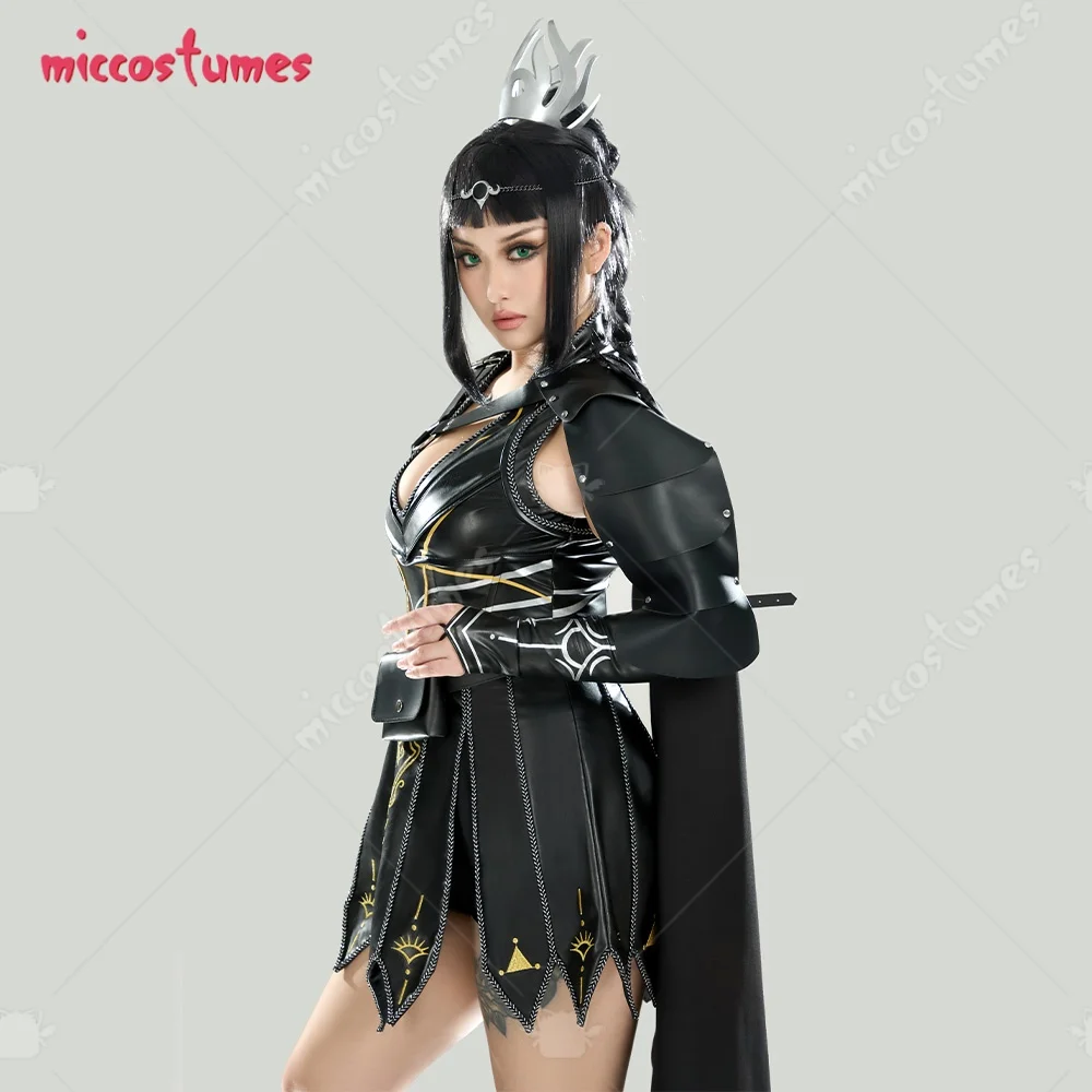 Damen Shadowheart Derivative Battle Suit Schwarzes Deep V Lederkleid mit Cape und Unterteilen Cosplay Kostüm 7