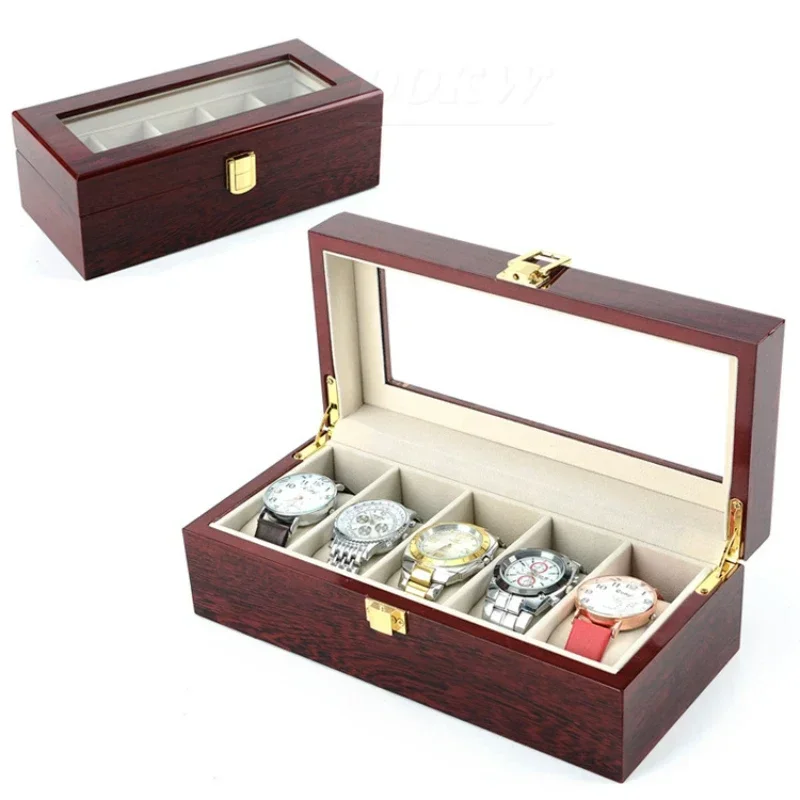 Wood piano painted watch box Lovers watch storage box Red wood glass skylight display