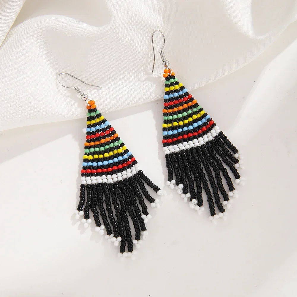 쌀알 비즈 귀걸이 레트로 스타일 심플 핸드 니팅 보헤미안 기하학 디자인 룰 태슬 다용도 여성용 합금 비즈 귀걸이