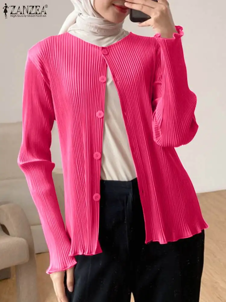 

Модная Турецкая мусульманская рубашка ZANZEA, женская блузка с длинным рукавом и круглым вырезом, Элегантная Женская туника, винтажные плиссированные дизайнерские рубашки 2024
