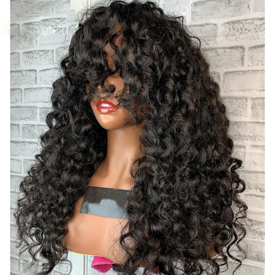 

Preplucked Glueless 180%Density 26" Soft Long Kinky Curly Black Machine Wig With Bangs For Women Baby Hair Heat Resistant Daily