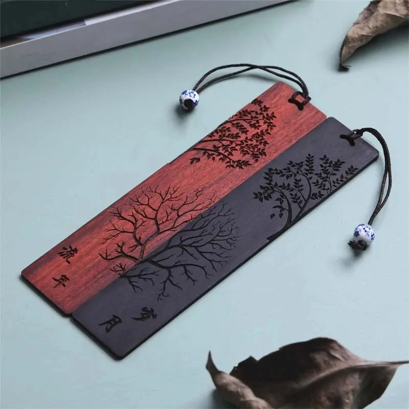 Chinese Retro Mahogany Carved Bookmark Set - Creative Book Clips for Students, Reading Accessories, School Stationery