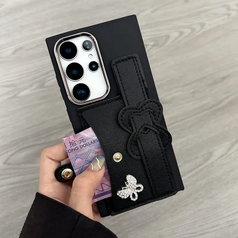 Elegant Leather Flip Wallet Wristband Phone Case with Soft Rope Cover